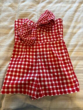 Hutch Red and White Gingham Strapless Bow Romper